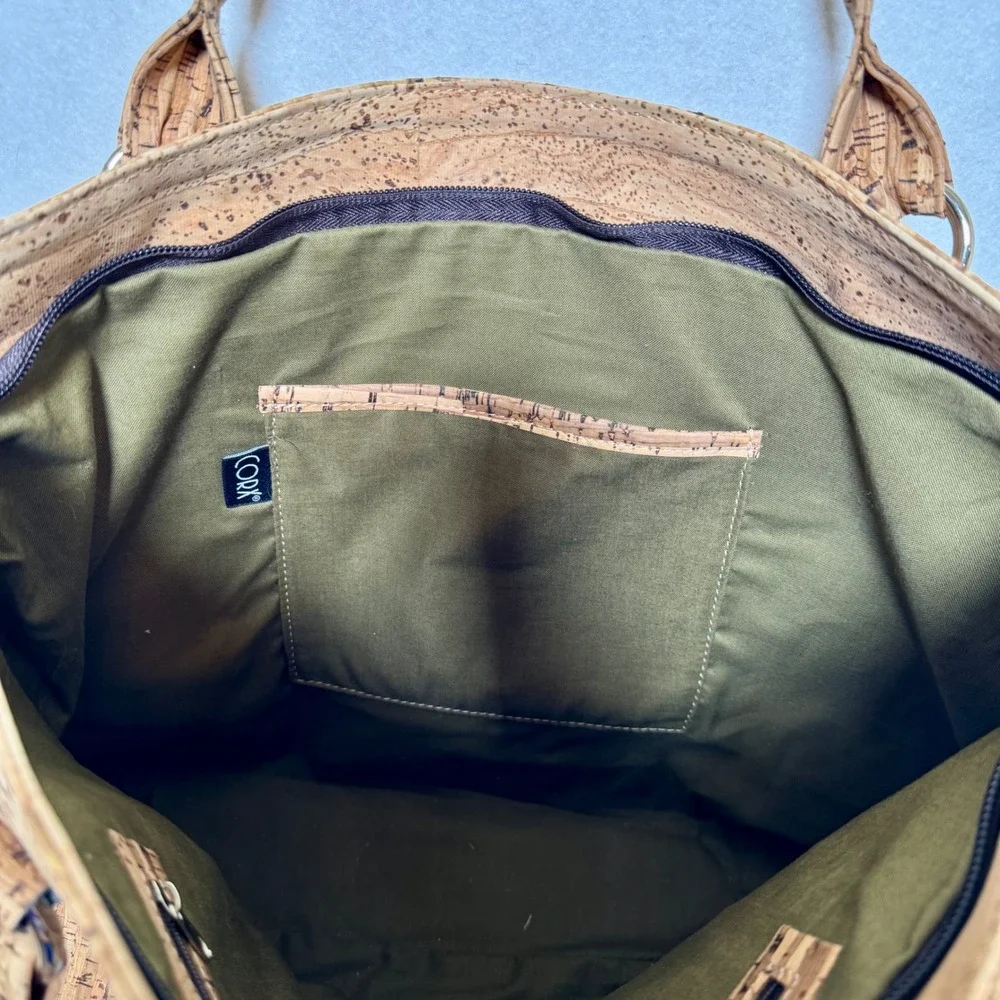 Cork Natural Sustainable Wood Grain Striped Tote Bag Tan Brown Olive Lining